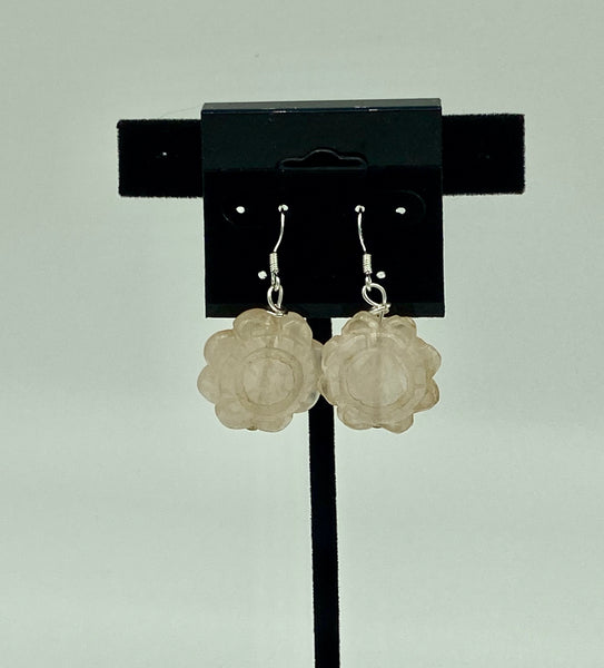 Natural Rose Quartz Gemstone Carved Sunflower Sterling Silver Dangle Earrings