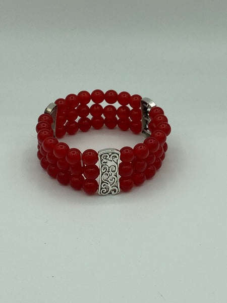 Natural Ruby Gemstone Round and Silver 3 Strand Beaded Stretch Bracelet