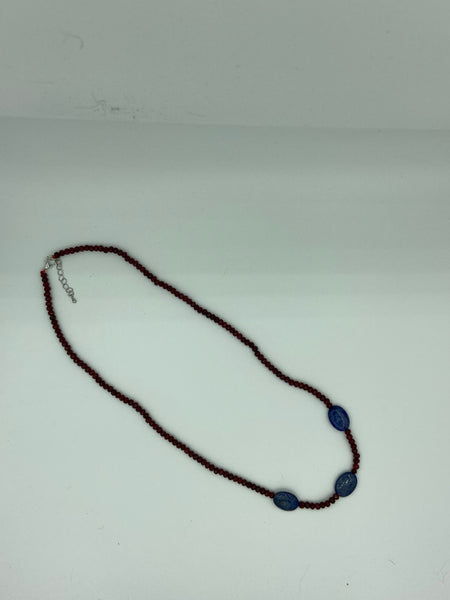 Natural Ruby Faceted Rondelle and Lapis Oval Gemstone Beaded Adjustable Necklace