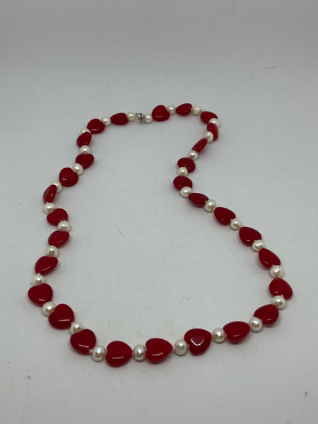 Natural White Pearl and Ruby Heart Gemstone Beaded Necklace