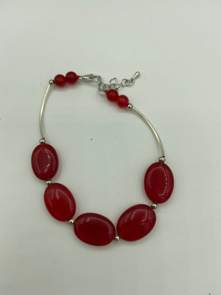 Natural Ruby Gemstone Ovals Beaded Adjustable Bracelet