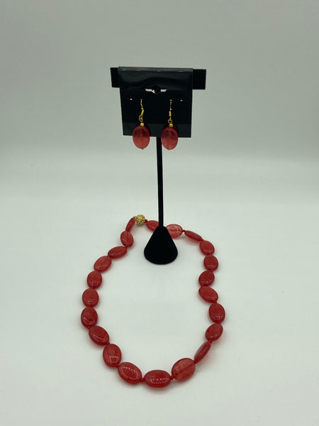 Natural Ruby Gemstone Ovals Beaded Necklace and Dangle Earrings Set