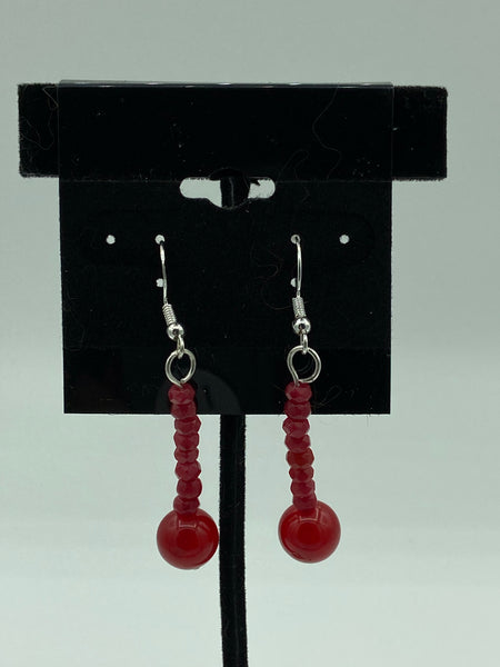 Natural Ruby Gemstone Rondelle and Round Beaded Dangle Earrings
