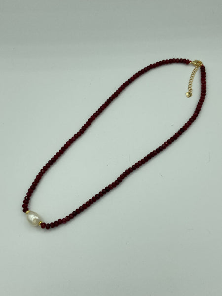 Natural Ruby Gemstone Faceted Rondelle and Pearl Beaded Adjustable Necklace
