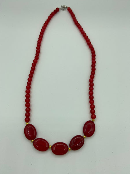 Natural Ruby Gemstone Round and Oval Beaded Adjustable Necklace