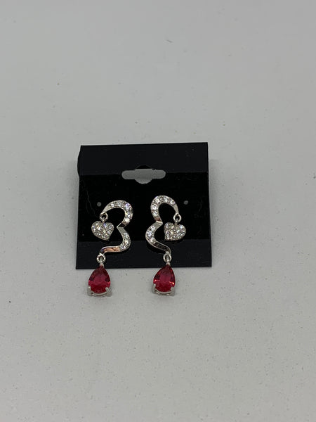 Natural Ruby and White Topaz Gemstone Teardrop and Heart Sterling Silver Earrings