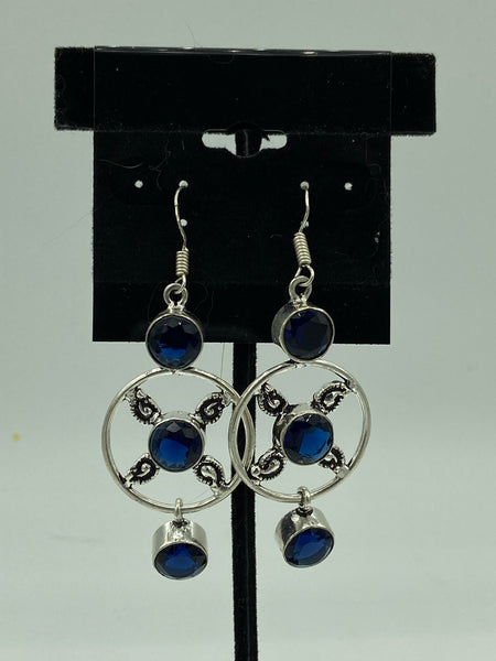 Natural Sapphire Gemstone Faceted Rounds Sterling Silver Ornate Dangle Earrings