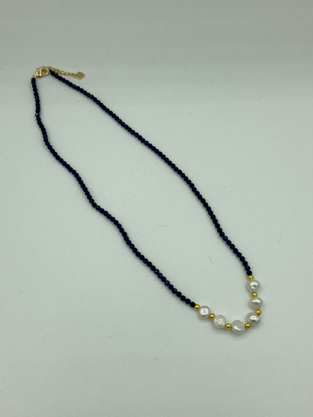 Natural Pearl and Sapphire Gemstone Dainty Beaded Adjustable Necklace