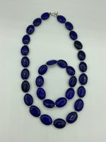 Natural Sapphire Gemstone Ovals Beaded Necklace and Stretch Bracelet Set