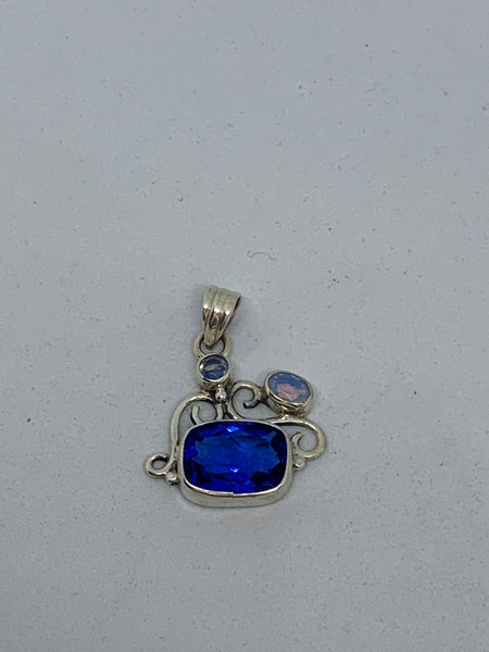 Natural Sapphire Gemstone Rectangle, Round, and Oval Sterling Silver Pendant