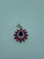 Natural Sapphire and Ruby Gemstone Sterling Silver Teardrop Flower Pendant