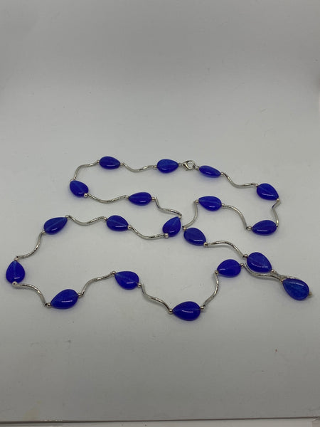 Natural Sapphire Gemstone Teardrops and Silvertone Beaded Long Necklace