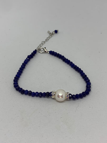 Natural Faceted Sapphire and Pearl Gemstone Beaded Adjustable Bracelet