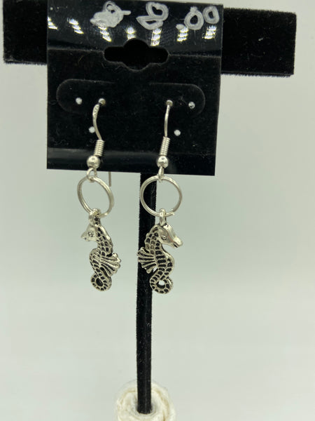 Silvertone Seahorse Charm Dangle Earrings with Silvertone or Sterling Silver Hoo