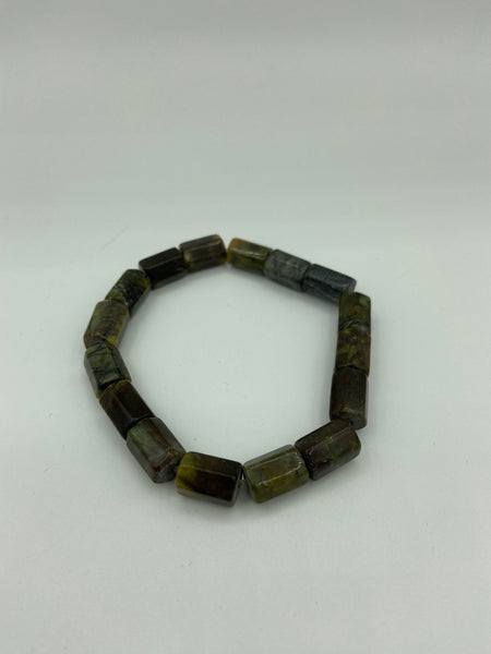 Natural Serpentine Gemstone 6 Sided Tube Beaded Stretch Bracelet