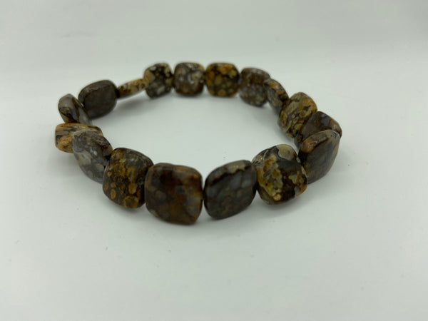 Natural Serpentine Gemstone Large Flat Squares Beaded Stretch Bracelet