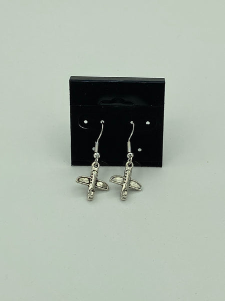 Silvertone Airplane Charm Dangle Earrings with Sterling Silver Hooks