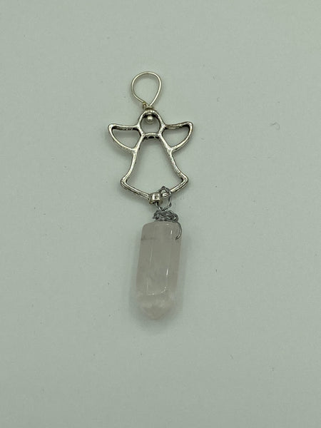 Silver Angel Pendant with Natural Rose Quartz Gemstone Point