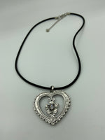 Silvertone Open Heart with Flower Pendant on Black Rubber Adjustable Cord