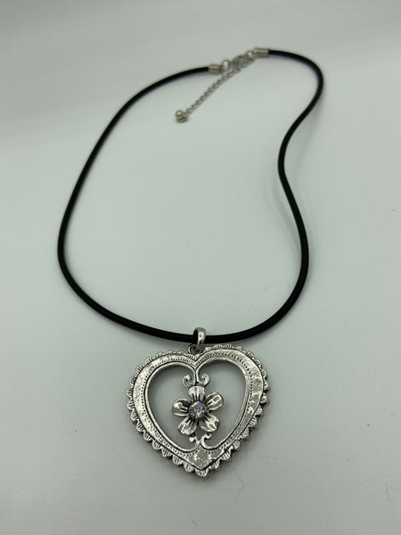 Silvertone Open Heart with Flower Pendant on Black Rubber Adjustable Cord