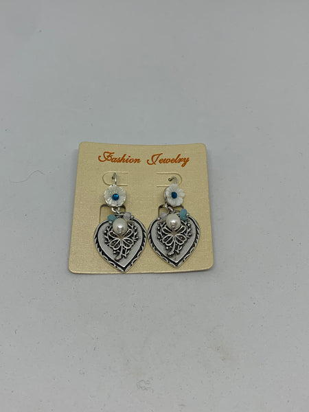 Silvertone Heart and Shell Flower Leverback Dangle Earrings