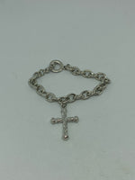 Silvertone Link Bracelet with Cross Charm and Toggle Clasp