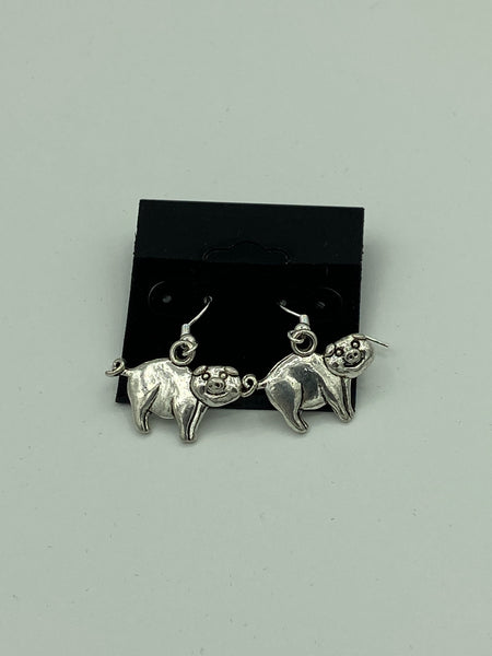 Silvertone Pig Charm Dangle Earrings with Sterling Silver Hooks