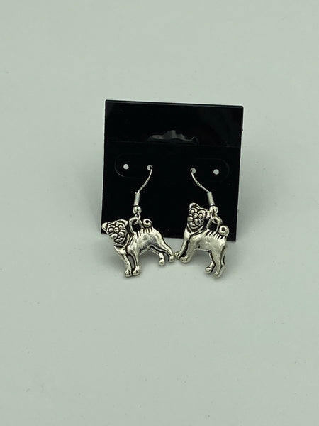 Silvertone Pug Dog Charm Dangle Earrings with Sterling Silver Hooks