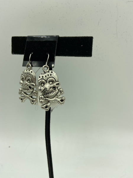 Halloween Skull and Crossbones Silvertone Dangle Earrings