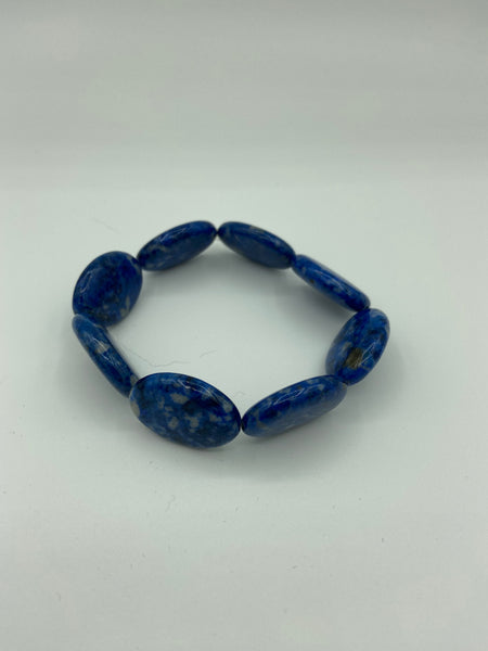 Natural Snowflake Lapis Gemstone Ovals Beaded Stretch Bracelet