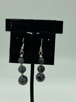 Natural Snowflake Obsidian Gemstone Round Beaded Sterling Silver Dangle Earrings