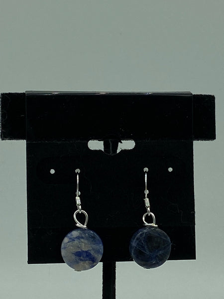 Natural Sodalite Gemstone Disk Beaded Sterling Silver Dangle Earrings
