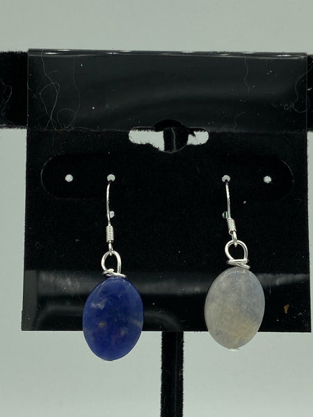 Natural Sodalite Gemstone Small Ovals Beaded Sterling Silver Dangle Earrings