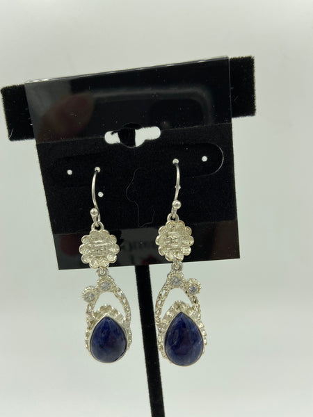 Natural Sodalite Gemstone Teardrop Sterling Silver Flower Dangle Earrings