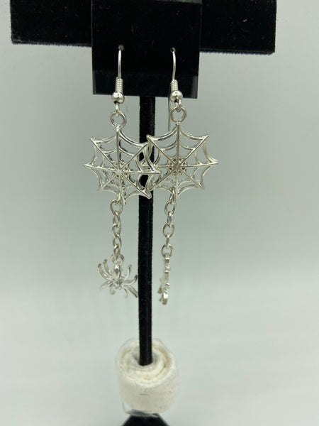 Halloween Spider and Spiderweb Long Dangle Silvertone Earrings