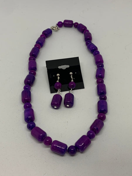 Natural Sugilite Gemstone Round and Barrel Beaded Necklace and Dangle Earrings Set