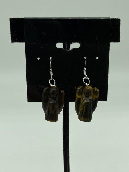 Natural Tiger Eye Gemstone Carved Angel Sterling Silver Dangle Earrings