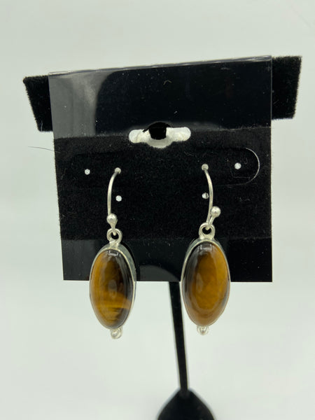 Natural Tiger Eye Gemstone Marquise Cabochon Sterling Silver Dangle Earrings