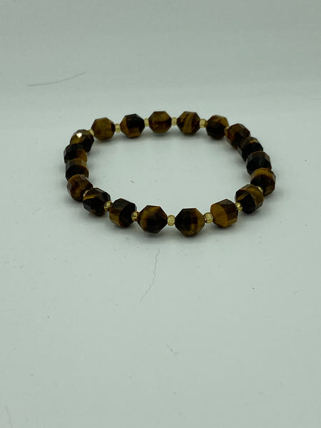 Natural Tiger Eye Gemstone Faceted Barrel & Gold Accent Beaded Stretch Bracelet