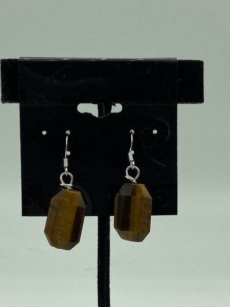 Natural Tiger Eye Gemstone Faceted Rectangles Sterling Silver Dangle Earrings