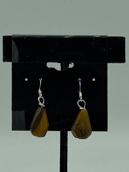 Natural Tiger Eye Gemstone Faceted Triangle Sterling Silver Dangle Earrings