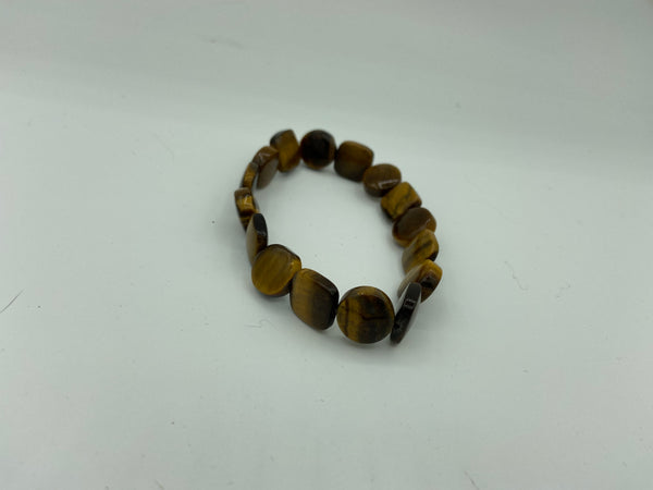 Natural Tiger Eye Gemstone Alternating Square and Disk Beaded Stretch Bracelet