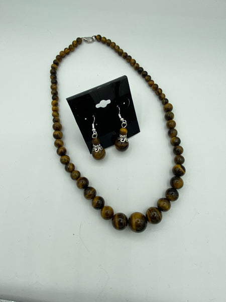 Natural Tiger Eye Gemstone Graduated Beaded Necklace and Dangle Earrings Set