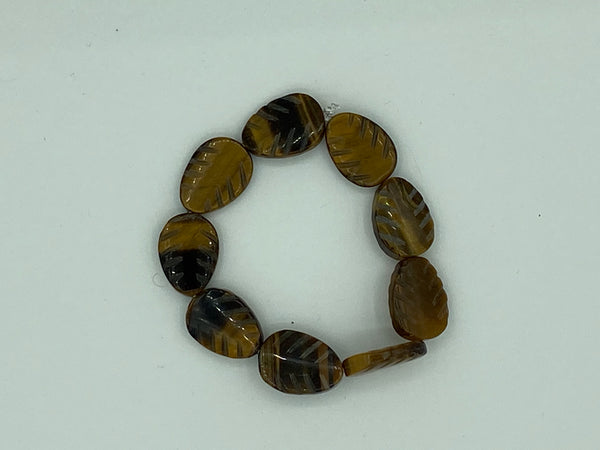 Natural Tiger Eye Gemstone Carved Leaves Beaded Stretch Bracelet