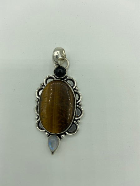 Natural Tiger Eye Gemstone Oval Sterling Silver Pendant with Onyx an Moonstone