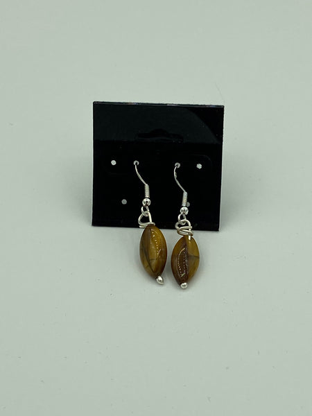 Natural Tiger Eye Gemstone Pointed Oval Sterling Silver Dangle Earrings