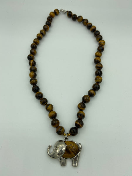 Natural Tiger Eye Gemstone Round Beaded Necklace with Elephant Pendant