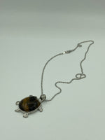 Natural Tiger Eye Gemstone and Silver Tone Turtle Pendant on Chain