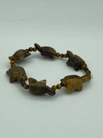 Natural Tiger Eye Gemstone 3D Carved Turtle and Round Beaded Stretch Bracelet