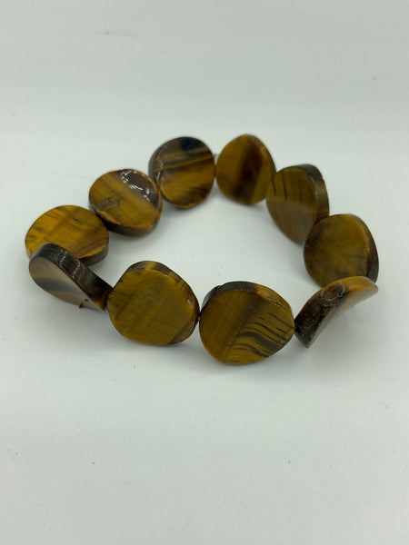 Natural Tiger Eye Gemstone Wavy Flat Rounds Beaded Stretch Bracelet